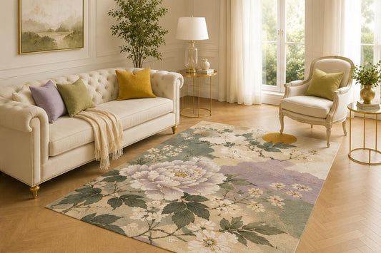 ICE ARMOR 5' x 7' Watercolor Peony Botanical Area Rug for Living Room, Soft Low Pile Indoor Carpet with Non-Slip Backing for Bedroom, Dining Room, Office, Lavender