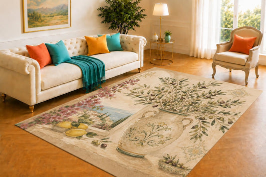 ICE ARMOR 5' x 7' Mediterranean Olive Branch Vase Area Rug, Soft Low Pile Non-Slip Indoor Carpet for Living Room, Kitchen, Dining Room, Entryway and Rustic Farmhouse Home Decor, Green