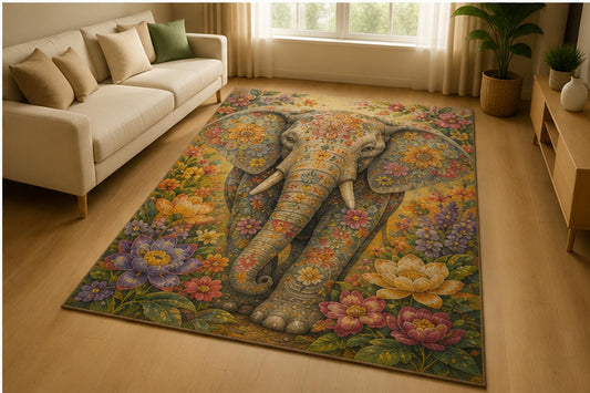ICE ARMOR 5' x 7' Floral Elephant Garden Area Rug for Living Room, Soft Low Pile Indoor Rug with Non-Slip Silicone Backing, Botanical Wildlife Decor for Bedroom, Family Room, Kids & Pets, Gray
