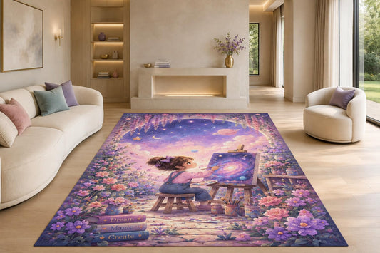 ICE ARMOR "Ultra Lightweight Large 6'7" x 9'10" Galaxy Dream Painter Area Rug for Living Room, Bedroom and Home Office, Soft Low Pile Carpet with Non-Slip Silicone Backing, Purple and Pink