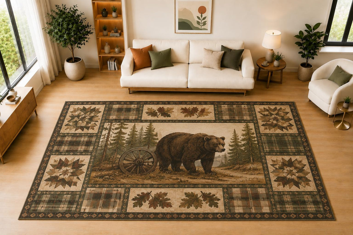 ICE ARMOR "Ultra Light Weight Large 6'7" x 9'10" Bear Woodland Wheel, Living Room, Bedroom, Dining Room, Office, Family Room, Soft Low Pile Indoor Rug, Non-Slip Silicone Backing, Brown