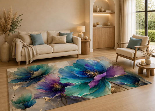 ICE ARMOR 5' x 7' Blue Floral Area Rug with Non-Slip Silicone Backing Low Pile Soft Carpet for Living Room Bedroom Office Watercolor Botanical Flower Decor
