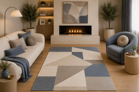 ICE ARMOR 5' x 7' Modern Geometric Area Rug Abstract Blue Gray Beige Angular Design for Living Room Bedroom Dining Room Office Non-Slip Silicone Backing Low Pile