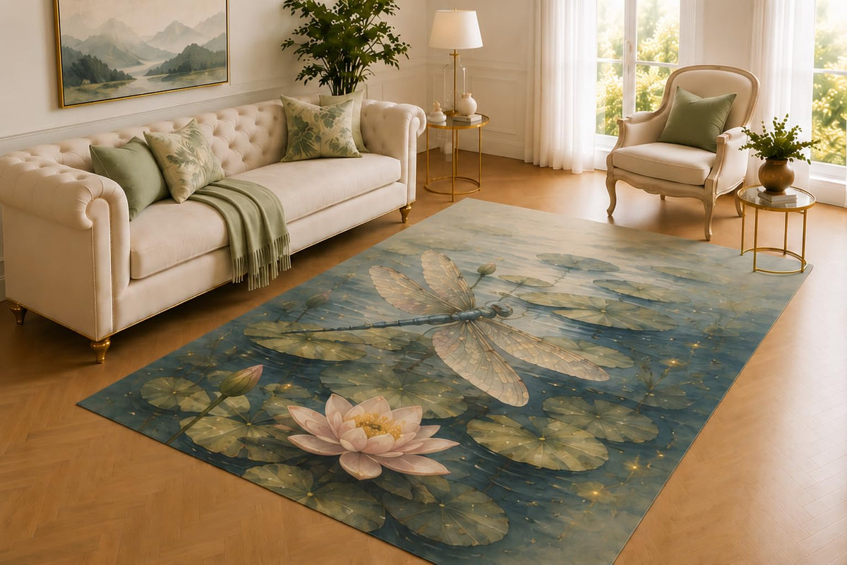 ICE ARMOR 5' x 7' Dragonfly Pond Rug, Shimmering Insects Above Lotus Flowers and Lily Pads, Soft Floor Cover for Living Room, Bedroom, Nursery and Nature Decor