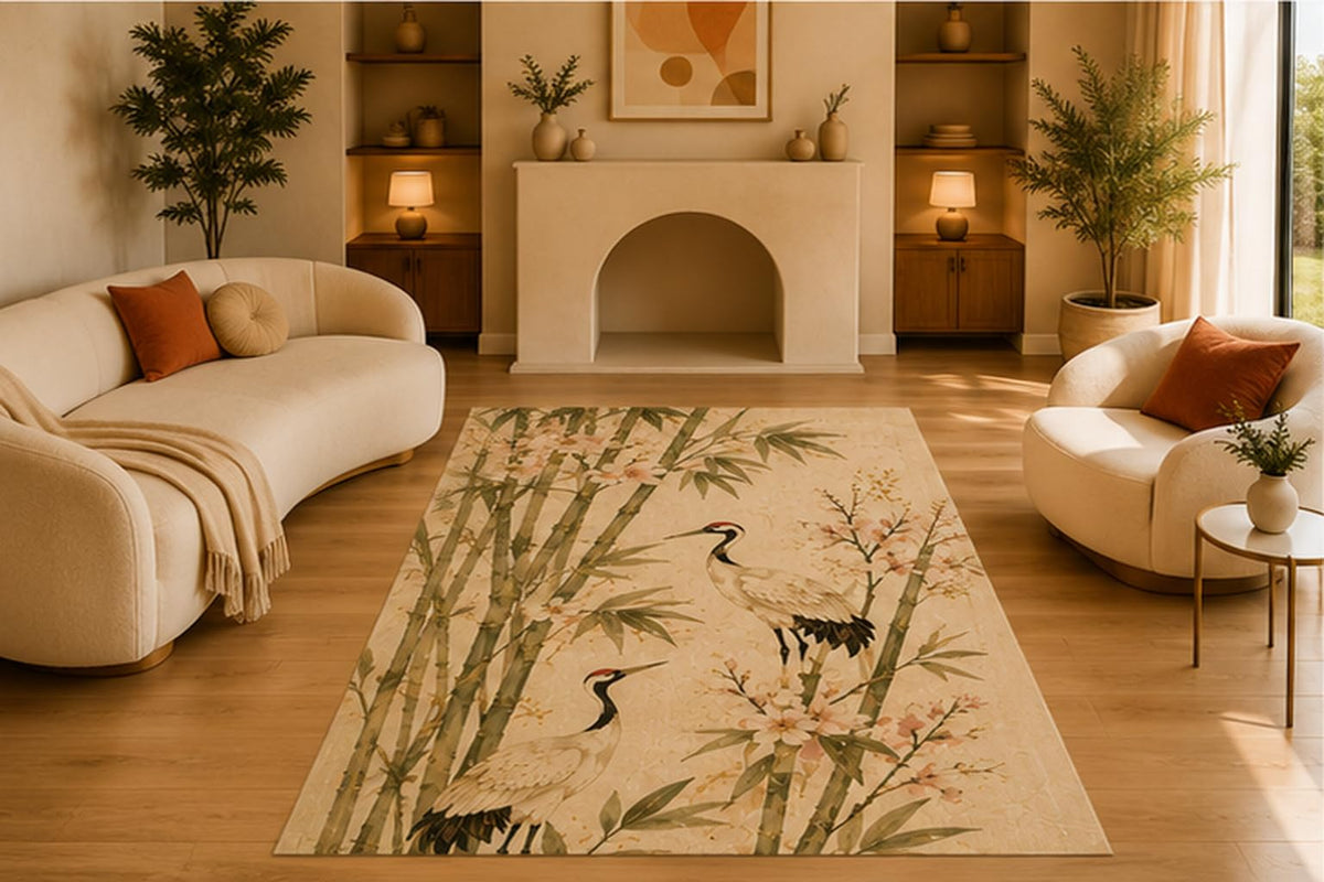 ICE ARMOR 5' x 7' Asian Crane Bamboo Blossom Area Rug, Soft Low Pile Indoor Rug with Non-Slip Silicone Backing, Decorative Carpet for Living Room, Bedroom, Nature