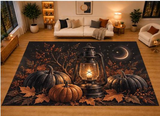 ICE ARMOR "Ultra Light Weight Large 6'7" x 9'10" Vintage Lantern Pumpkin Crescent Moon Area Rug for Living Room Bedroom, Soft Low Pile Non-Slip Backing, Black Orange Autumn Halloween Decor