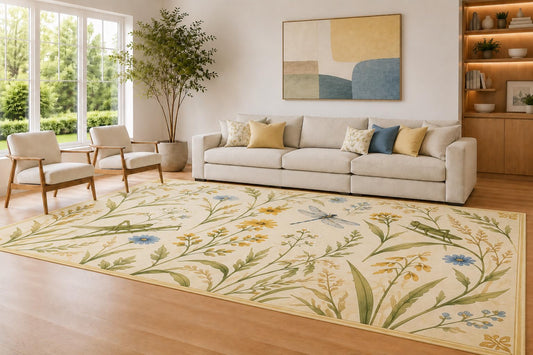 ICE ARMOR Large 6'7" x 9'10" Cream and Yellow Wildflower Insect Area Rug for Living Room, Soft Low Pile Carpet with Non-Slip Silicone Backing, Decor for Bedroom and Home Office