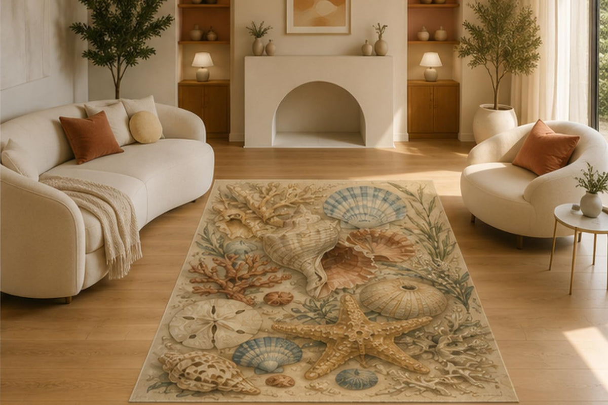 ICE ARMOR 5' x 7' Coastal Seashell Starfish Area Rug, Soft Low Pile Non-Slip Indoor Carpet for Living Room, Bedroom, Beach House, Guest Room and Coastal Home Decor, Beige