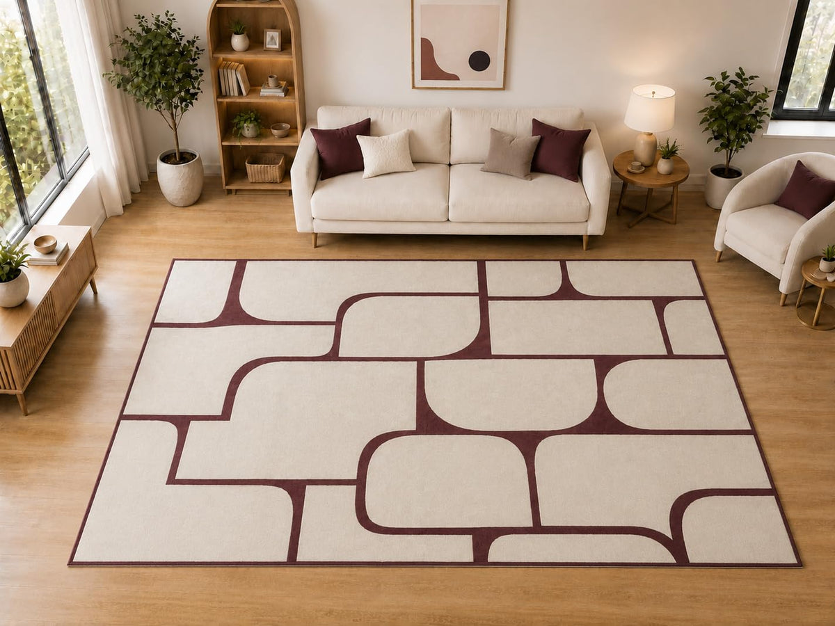 ICE ARMOR "Ultra Light Weight Large 6'7 x 9'10 Burgundy Curved Grid Pattern Area Rug for Living Room Bedroom Dining Room Soft Low Pile Indoor Carpet Modern Geometric Floor Decor