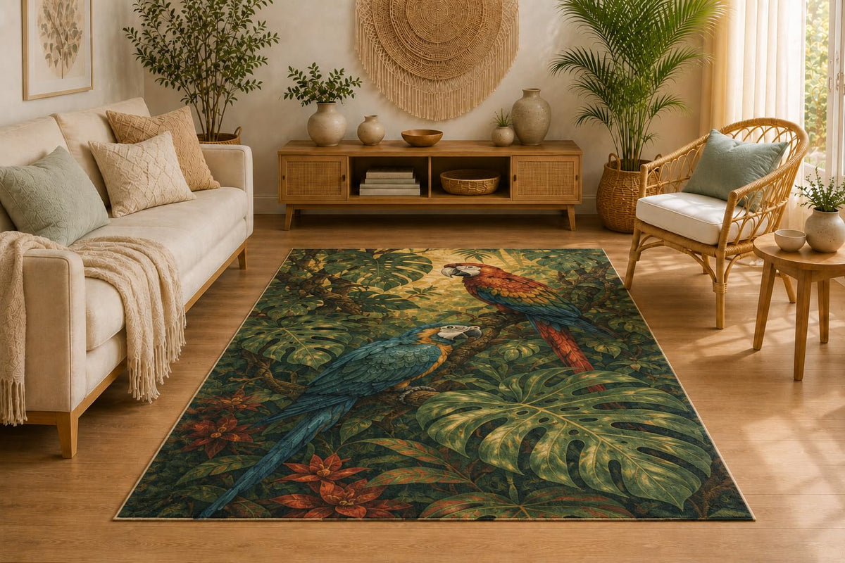 ICE ARMOR 5' x 7' Tropical Macaw Area Rug, Soft Low Pile Indoor Rug with Non-Slip Silicone Backing, Decorative Carpet for Living Room, Bedroom, Office