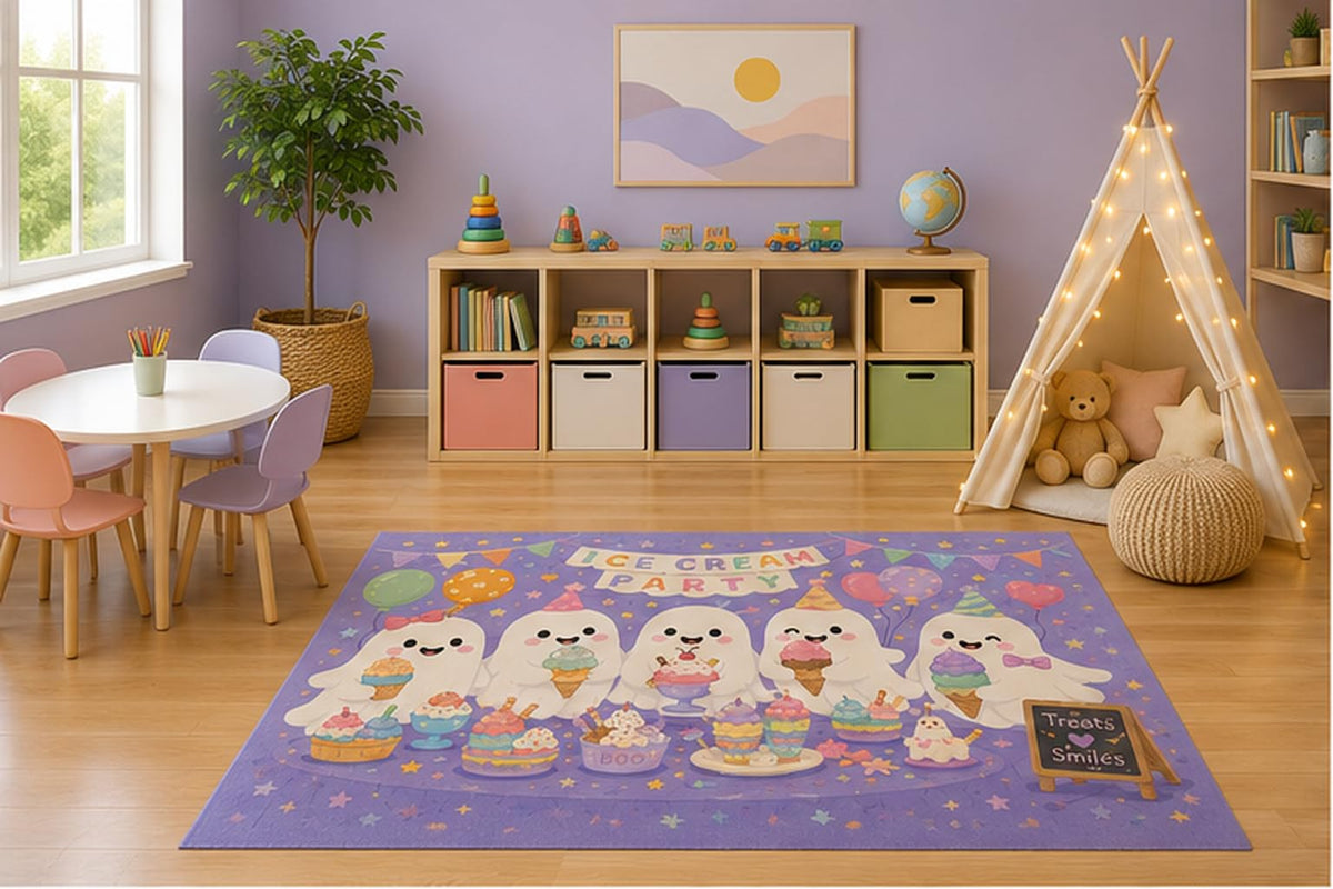 ICE ARMOR 5' x 7' Ghost Ice Cream Party Kids Area Rug, Cute Kawaii Dessert Halloween Cartoon Playroom Nursery Bedroom Classroom Decor, Non-Slip Silicone Backing Low Pile