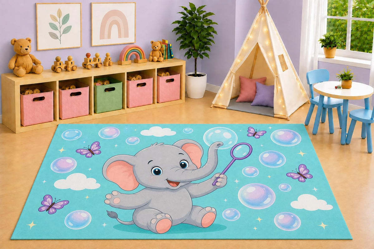 ICE ARMOR 5' x 7' Bubble Elephant Area Rug, Cute Cartoon Elephant Butterflies Bubbles Sky Kids Playroom Nursery Bedroom Decor, Non-Slip Silicone Backing Low Pile