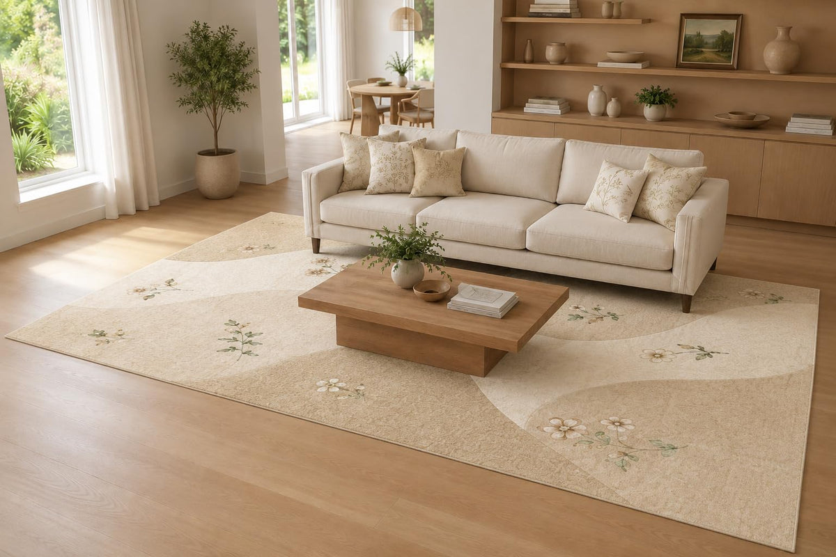 ICE ARMOR Large 6'7" x 9'10" Ivory and Beige Soft Geometric Blossom Area Rug for Living Room, Soft Low Pile Carpet with Non-Slip Silicone Backing, Decor for Bedroom, Dining Area and Home Office