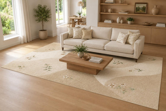 ICE ARMOR Large 6'7" x 9'10" Ivory and Beige Soft Geometric Blossom Area Rug for Living Room, Soft Low Pile Carpet with Non-Slip Silicone Backing, Decor for Bedroom, Dining Area and Home Office