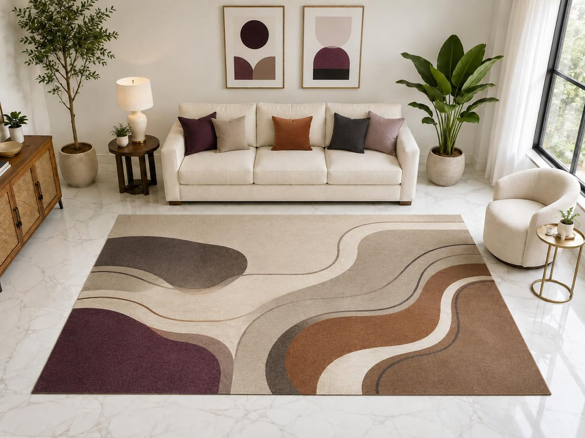 ICE ARMOR "Ultra Light Weight Large 6'7" x 9'10" Flowing Abstract Wave Rug, Soft Low Pile Indoor Rug, Non-Slip Silicone Backing for Living Room Beige