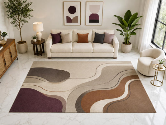 ICE ARMOR "Ultra Light Weight Large 6'7" x 9'10" Flowing Abstract Wave Rug, Soft Low Pile Indoor Rug, Non-Slip Silicone Backing for Living Room Beige