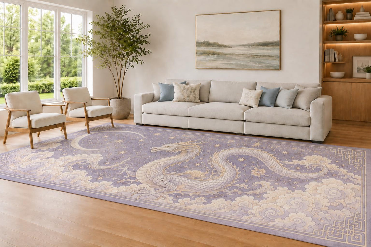 ICE ARMOR Large 6'7" x 9'10" Lavender and Cream Moon Dragon Area Rug for Living Room, Soft Low Pile Carpet with Non-Slip Silicone Backing, Decor for Bedroom and Home Office