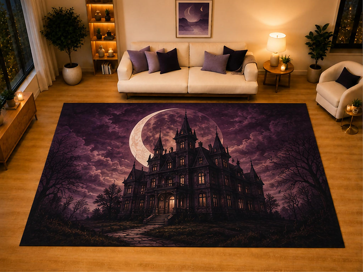 ICE ARMOR "Ultra Light Weight Large 6'7" x 9'10" Haunted Mansion Crescent Moon Area Rug for Living Room Bedroom, Soft Low Pile Non-Slip Backing, Black Purple Gothic Halloween Decor