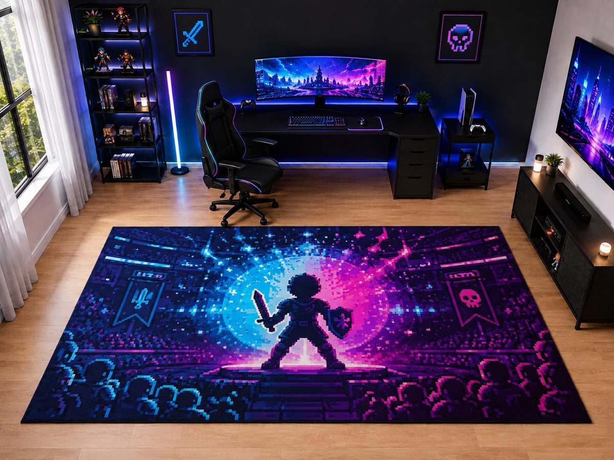ICE ARMOR "Ultra Light Weight Large 6'7" x 9'10" Pixel Fantasy Warrior Area Rug for Kids Room Playroom, Soft Low Pile Indoor Rug and Non-Slip Silicone Backing, Purple
