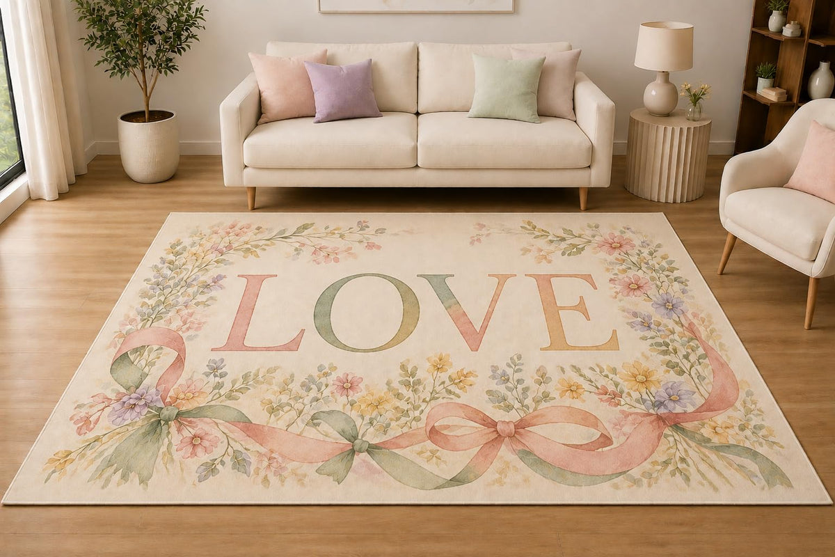 ICE ARMOR 5' x 7' Floral Ribbon Love Bouquet Area Rug, Soft Low Pile Indoor Rug with Non-Slip Silicone Backing for Living Room, Bedroom, Dining Room, Family Room, Cream Pink Sage