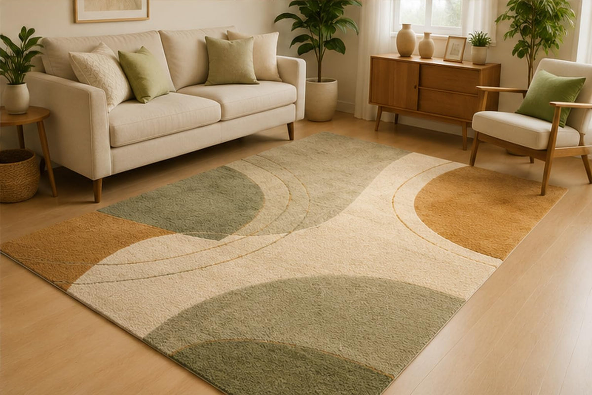 ICE ARMOR 5' x 7' Modern Abstract Block Area Rug for Living Room, Soft Low Pile Indoor Rug with Non-Slip Silicone Backing, Contemporary Carpet for Bedroom, Dining Room, Office, Sage Green Beige