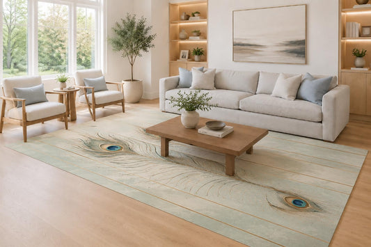 ICE ARMOR Large 6'7" x 9'10" Sage Green and Ivory Peacock Feather Eyes Area Rug for Living Room, Soft Low Pile Carpet with Non-Slip Silicone Backing, Decor for Bedroom, Dining Area and Home Office