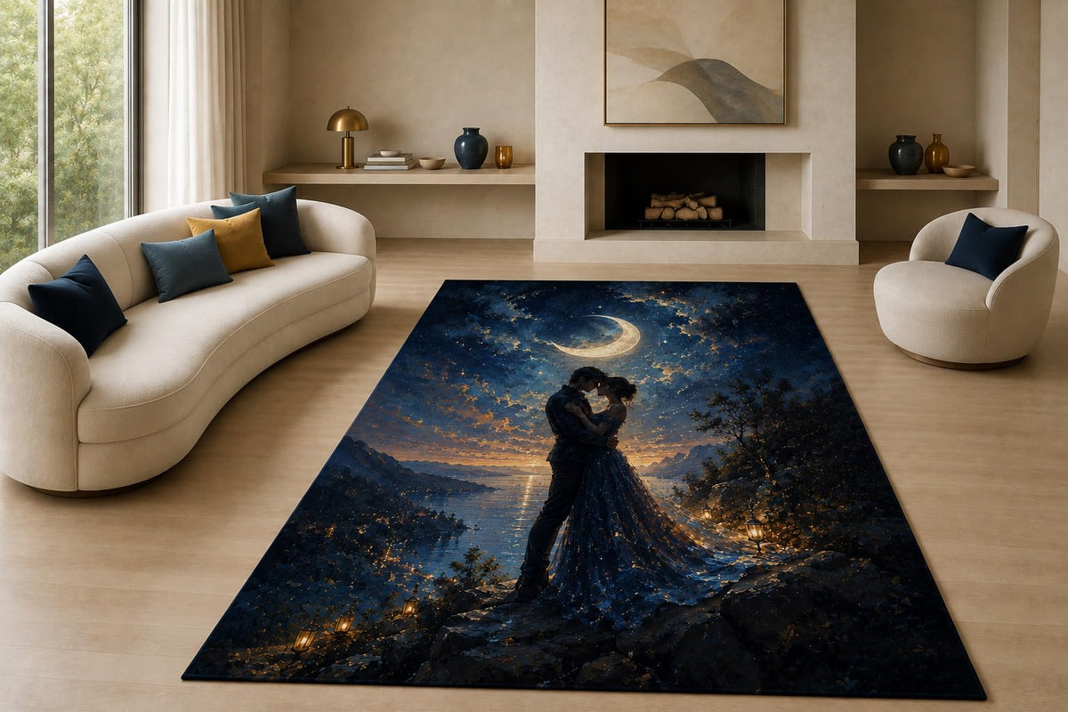 ICE ARMOR "Ultra Lightweight Large 6'7" x 9'10" Lakeside Love Area Rug for Living Room, Bedroom and Home Office, Soft Low Pile Carpet with Non-Slip Silicone Backing, Blue and Golden Color