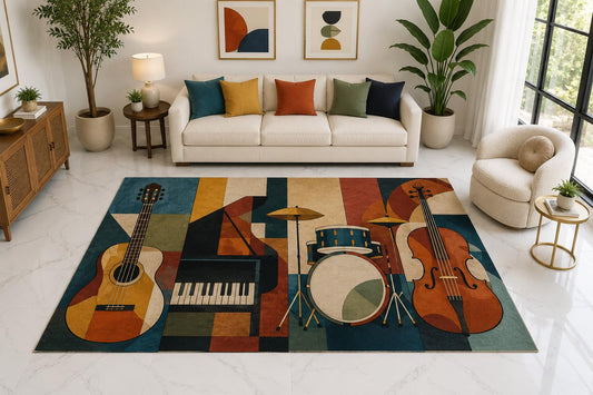 ICE ARMOR "Ultra Light Weight Large 6'7" x 9'10" Jazz Band Instruments Rug, Soft Low Pile Indoor Rug, Non-Slip Silicone Backing for Living Room Teal