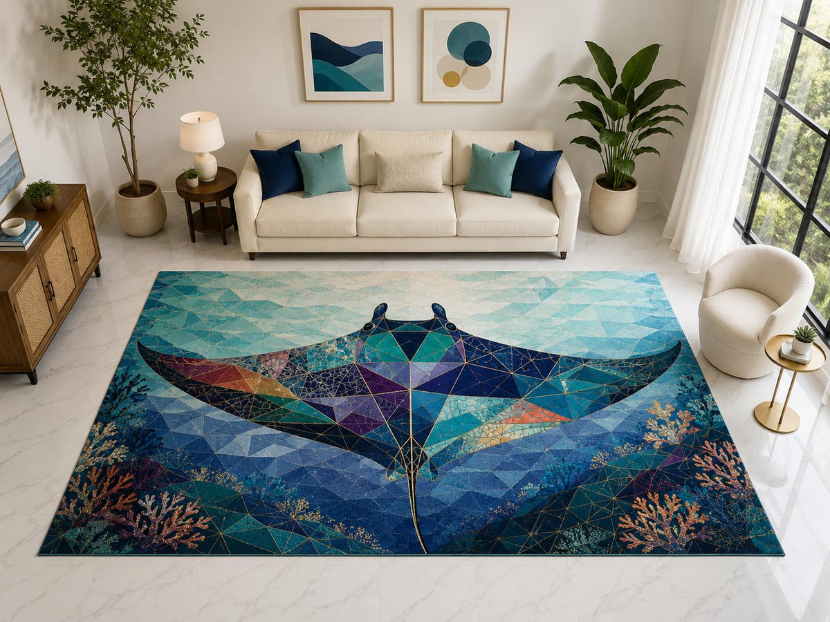ICE ARMOR "Ultra Light Weight Large 6'7" x 9'10" Geometric Manta Ray Rug, Soft Low Pile Indoor Rug, Non-Slip Silicone Backing for Living Room Blue