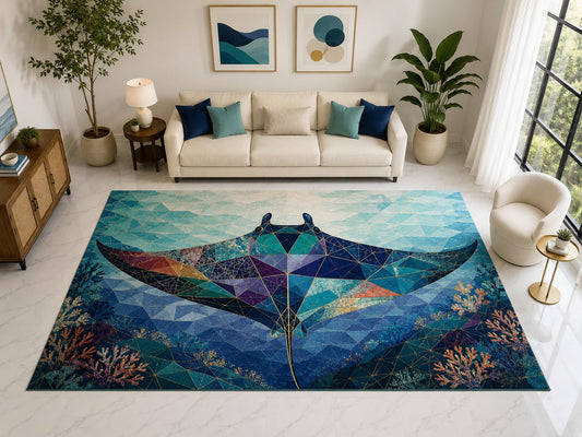 ICE ARMOR "Ultra Light Weight Large 6'7" x 9'10" Geometric Manta Ray Rug, Soft Low Pile Indoor Rug, Non-Slip Silicone Backing for Living Room Blue