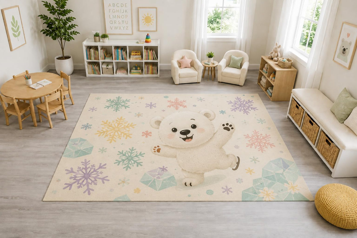 ICE ARMOR "Ultra Light Weight Large 6'7" x 9'10" Polar Bear Snowflake Rug, Soft Low Pile Indoor Rug, Non-Slip Silicone Backing Nursery Kids Cream