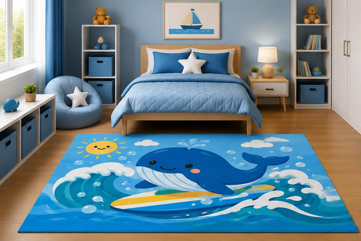 ICE ARMOR 5' x 7' Cute Surfing Whale Area Rug for Kids Bedroom Nursery Playroom Scandinavian Minimalist Ocean Coastal Beach Decor Non-Slip Silicone Backing Low Pile