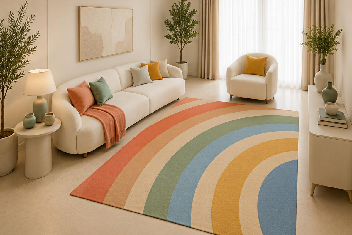 ICE ARMOR 5' x 7' Rainbow Arch Area Rug, Modern Boho Pastel Geometric Design for Living Room Bedroom Playroom, Non-Slip Silicone Backing, Low Pile Carpet