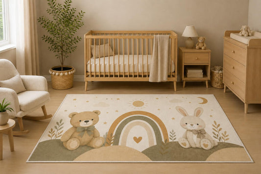ICE ARMOR 5' x 7' Boho Rainbow Teddy Bear Bunny Nursery Area Rug, Neutral Woodland Baby Room Bedroom Decor, Non-Slip Silicone Backing Low Pile Carpet