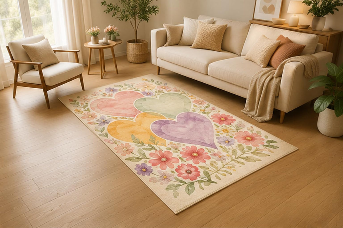 ICE ARMOR 5' x 7' Pastel Heart Floral Wreath Area Rug, Soft Low Pile Indoor Rug with Non-Slip Silicone Backing for Living Room, Bedroom, Nursery, Kids Room, Playroom, Kids & Pets, Pink Purple Green