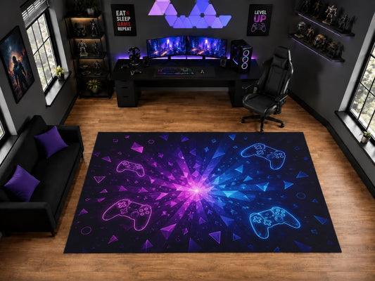 ICE ARMOR "Ultra Light Weight Large 6'7" x 9'10" Neon Controller Shard Burst Area Rug for Gaming Room Decor, Soft Low Pile Indoor Rug with Non-Slip Silicone Backing, Purple Blue