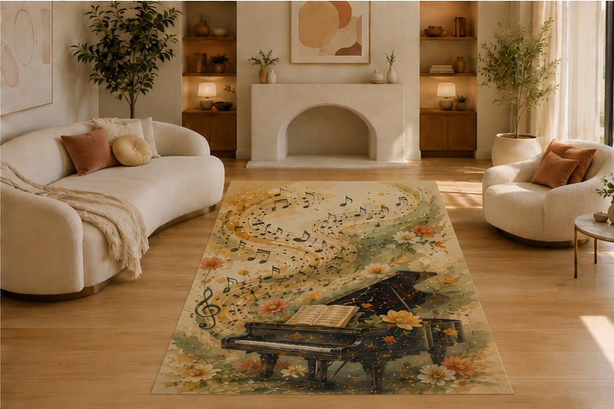 ICE ARMOR 5' x 7' Floral Piano Music Notes Area Rug, Soft Low Pile Indoor Rug with Non-Slip Silicone Backing, Decorative Carpet for Living Room, Bedroom, Cream