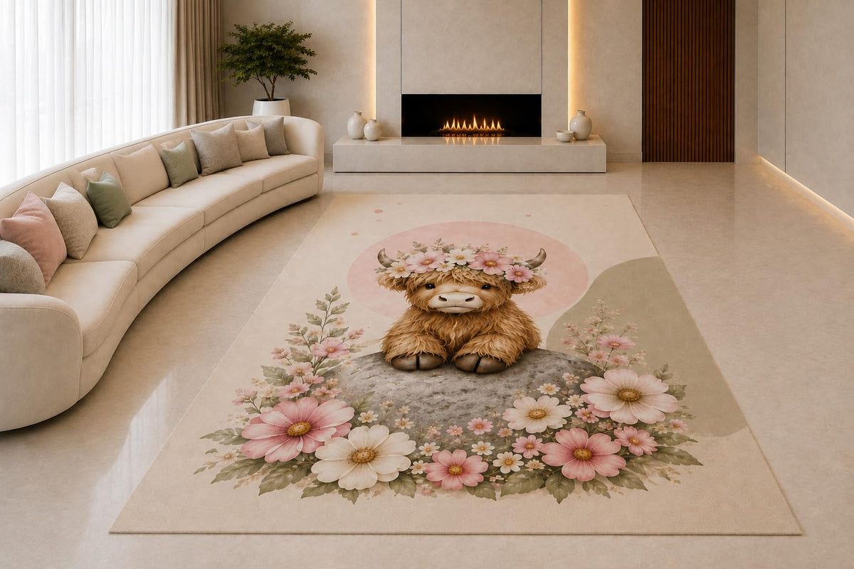 ICE ARMOR "Ultra Lightweight Large 6'7" x 9'10" Flower Crown Cow Area Rug for Living Room, Bedroom and Home Office, Soft Low Pile Carpet with Non-Slip Silicone Backing, Cream and Pink