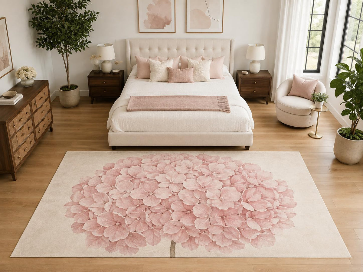 ICE ARMOR "Ultra Light Weight Large 6'7" x 9'10" Pink Hydrangea Floral Rug, Soft Low Pile Indoor Rug, Non-Slip Silicone Backing for Bedroom Pink