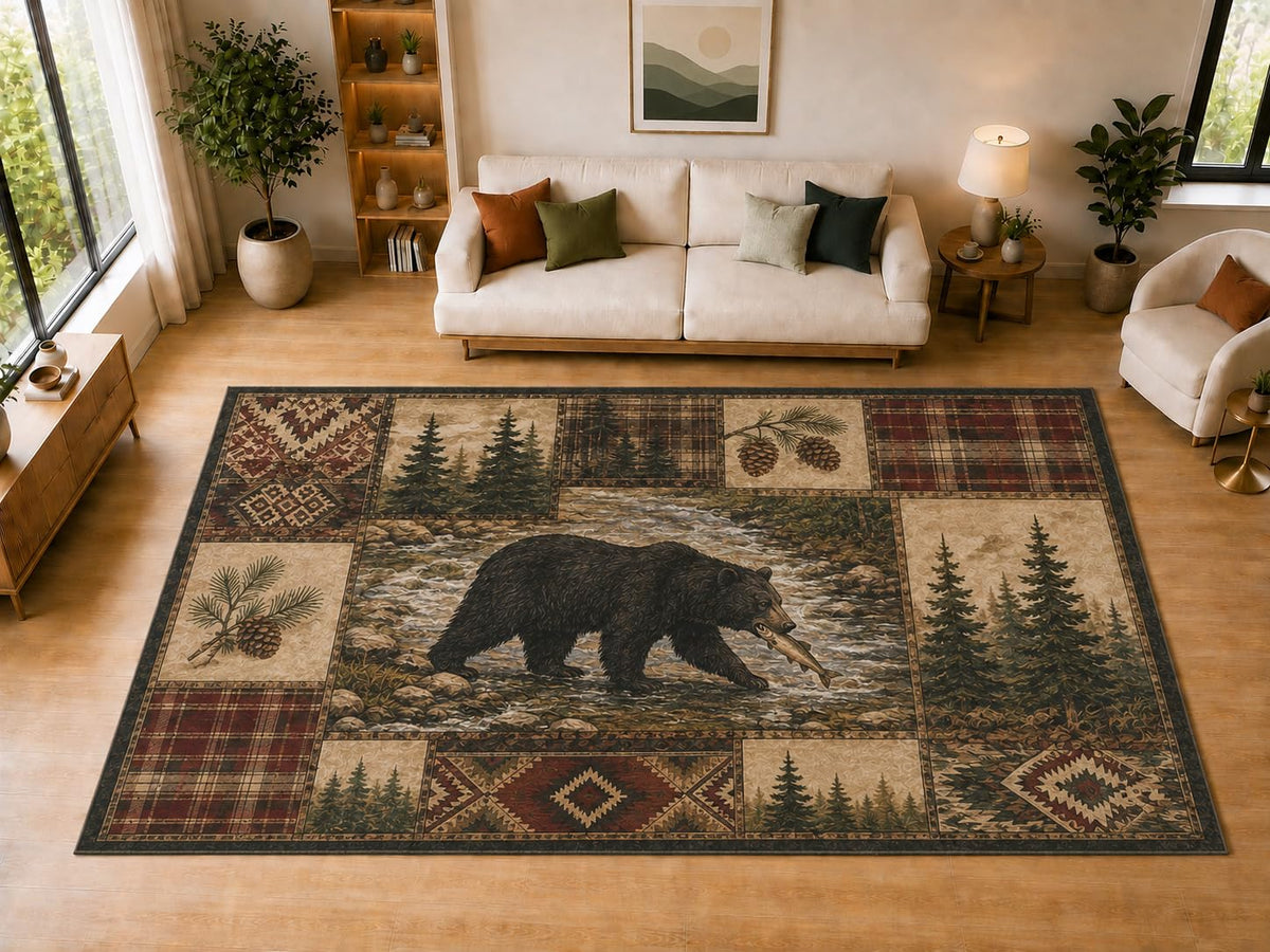 ICE ARMOR "Ultra Light Weight Large 6'7" x 9'10" Bear River, Living Room, Bedroom, Dining Room, Office, Family Room, Soft Low Pile Indoor Rug, Non-Slip Silicone Backing, Brown