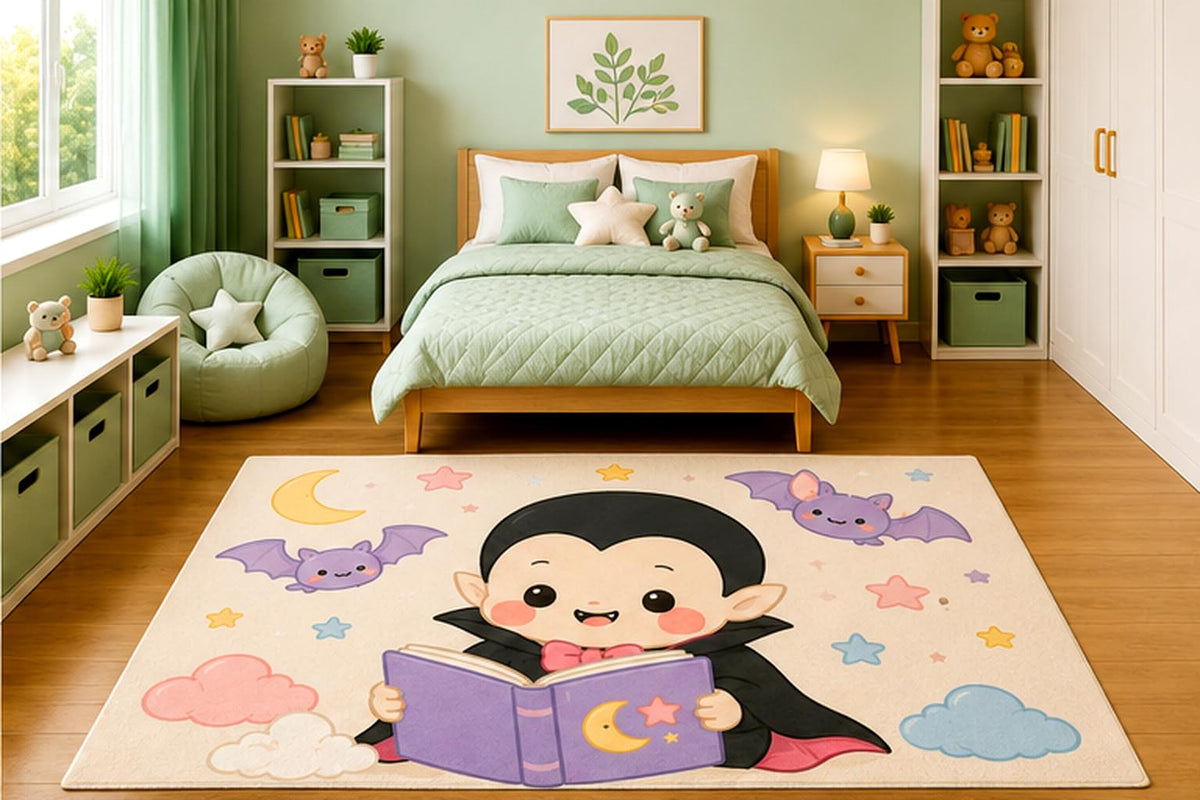ICE ARMOR 5' x 7' Cute Baby Vampire Reading Storybook Area Rug for Kids Bedroom Nursery Playroom Scandinavian Minimalist Kawaii Halloween Decor Non-Slip Silicone Backing Low Pile