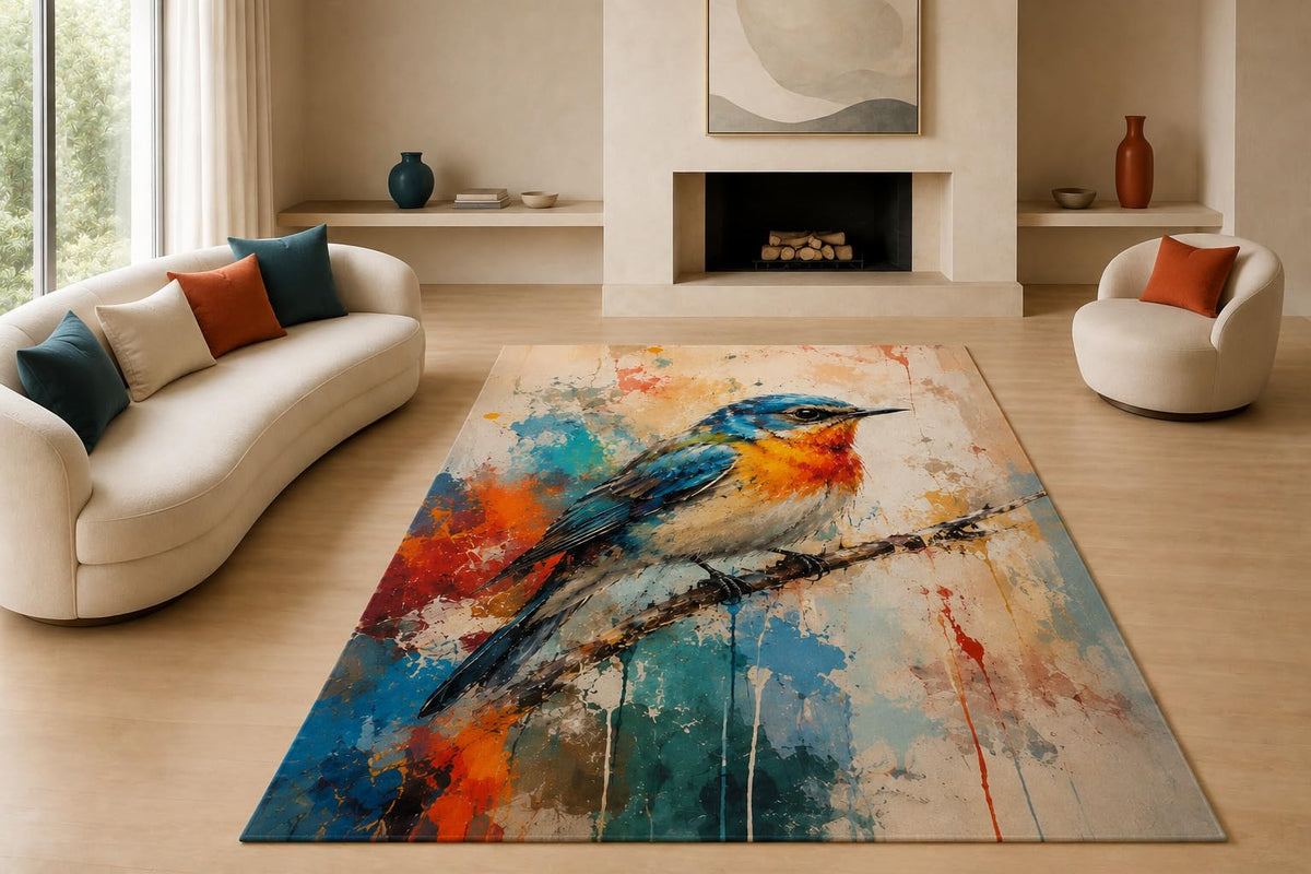 ICE ARMOR "Ultra Lightweight Large 6'7" x 9'10" Bluebird Paint Splash Area Rug for Living Room, Bedroom and Home Office, Soft Low Pile Carpet with Non-Slip Silicone Backing, Blue and Orange