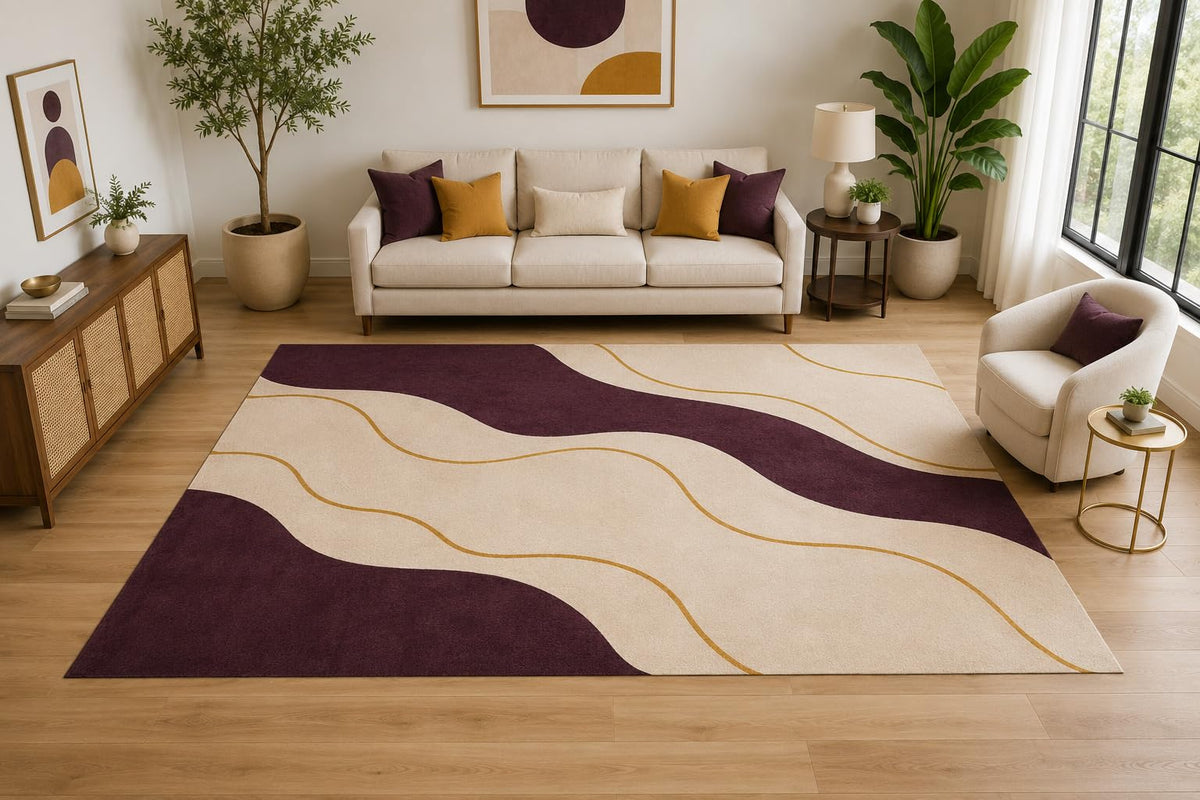 ICE ARMOR Large 6'7" x 9'10" Abstract Flowing Wave Area Rug for for Bedroom, Living Room, Soft Low Pile Indoor Rug with Non-Slip Silicone Backing, Burgundy Ivory Golden