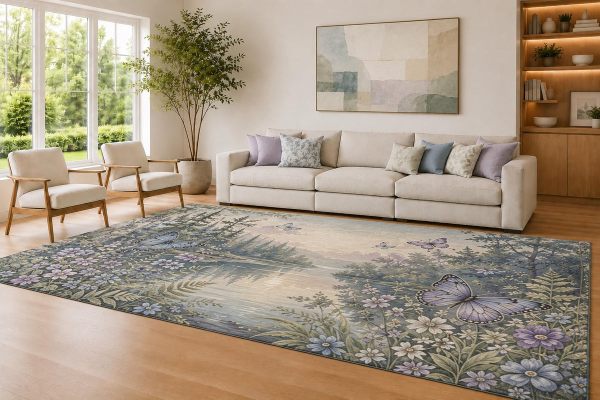 ICE ARMOR Large 6'7" x 9'10" Blue and Sage Butterfly Lake Area Rug for Living Room, Soft Low Pile Carpet with Non-Slip Silicone Backing, Decor for Bedroom and Home Office