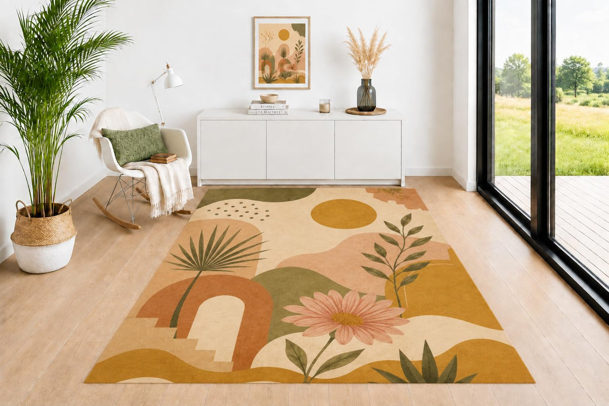 ICE ARMOR 5' x 7' Desert Arch Area Rug, Sun Vase Botanical Geometric Pattern in Neutral Earth Tones, Floor Carpet for Living Room Bedroom Nursery Dining Room