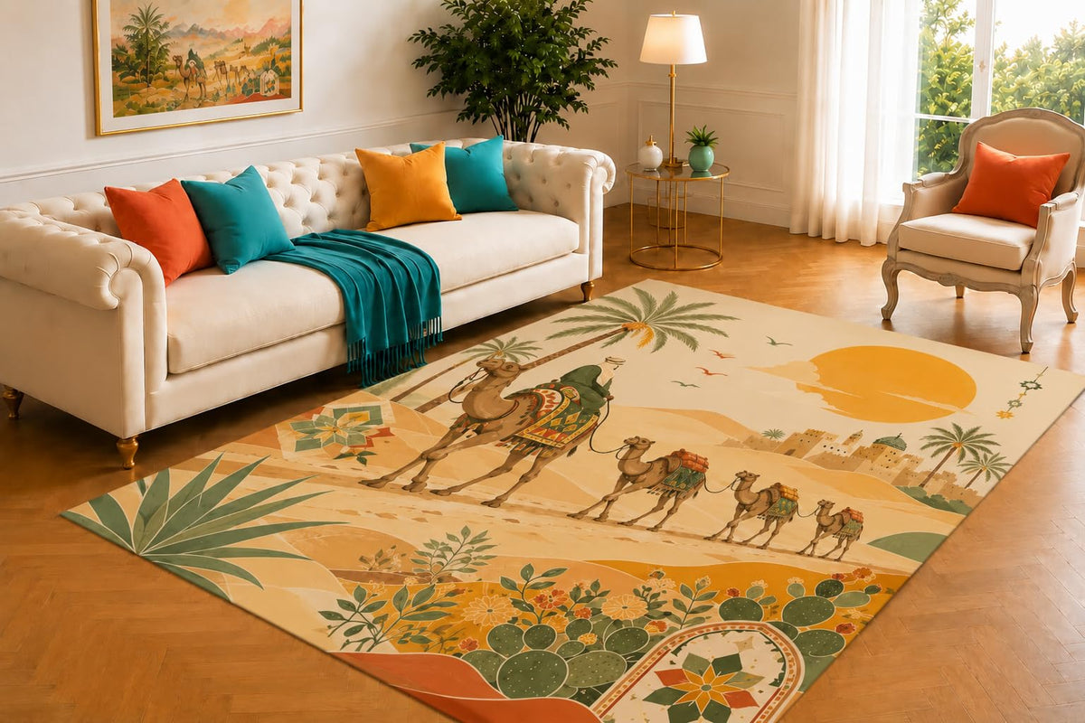 ICE ARMOR 5' x 7' Desert Camel Caravan Area Rug, Soft Low Pile Indoor Rug with Non-Slip Silicone Backing, Decorative Carpet for Living Room, Bedroom, Dining Room, Office, Golden Sahara Sunset