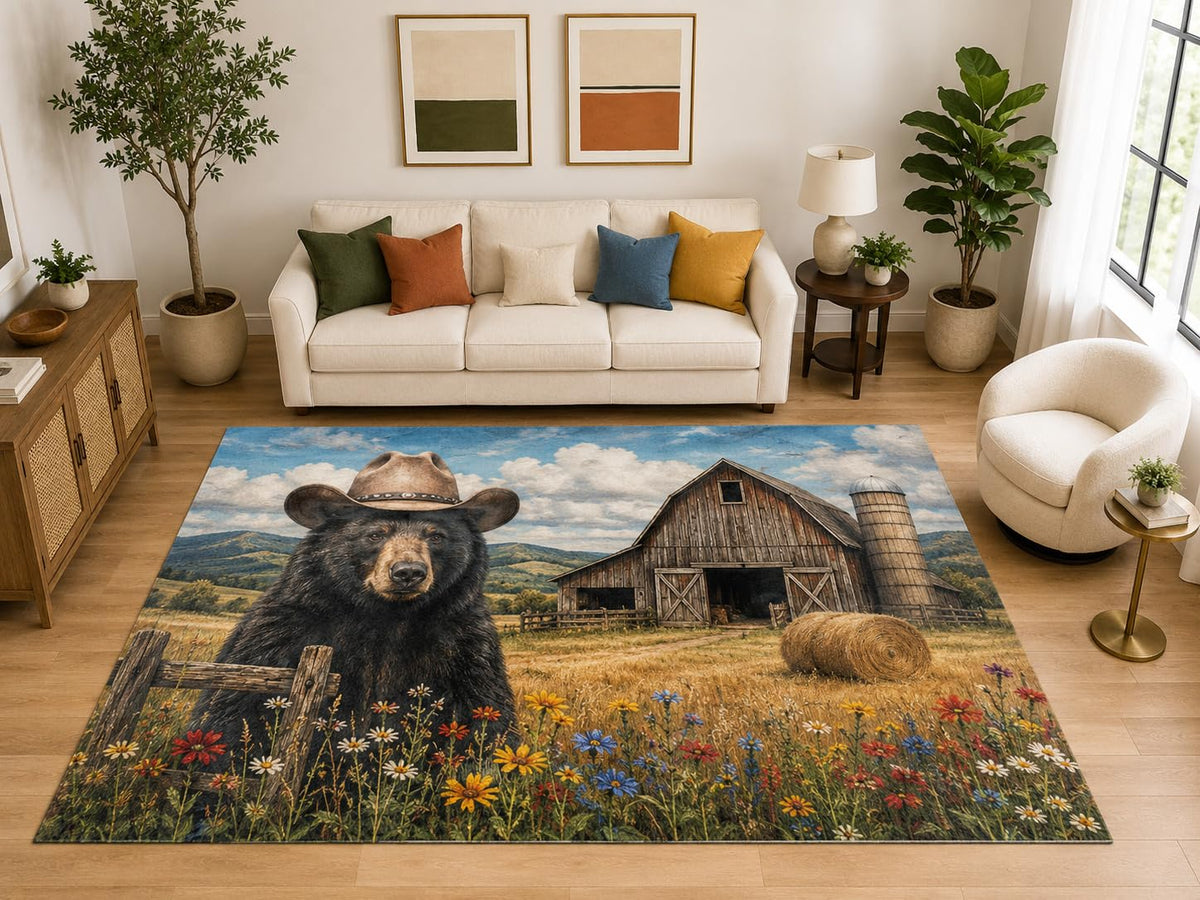 ICE ARMOR "Ultra Light Weight Large 6'7" x 9'10" Cowboy Bear Barn Area Rug, Soft Low Pile Indoor Rug, Non-Slip Silicone Backing, Family Room, Brown