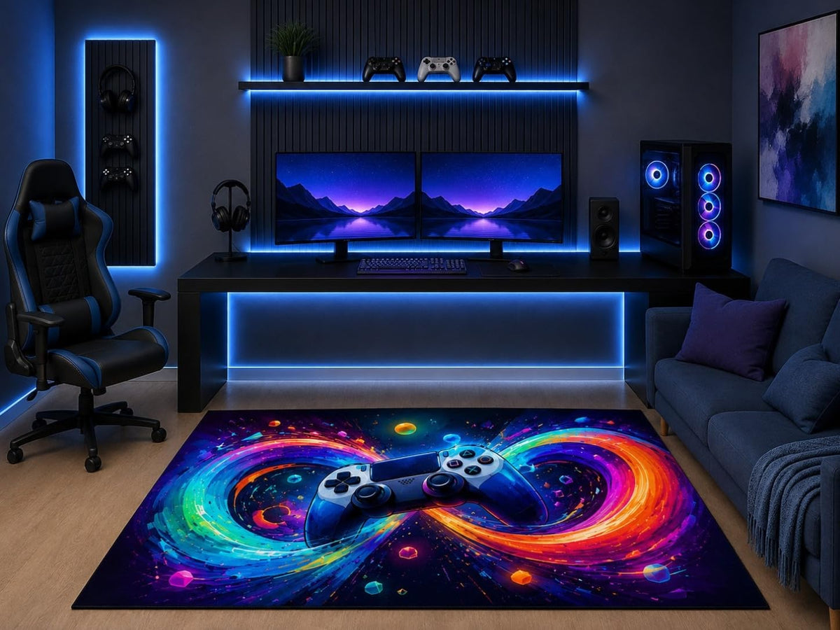 ICE ARMOR 5' x 7' Infinity Neon Gaming Controller Area Rug Abstract Galaxy Space Art Gamer Bedroom Game Room Teen Room Modern Decor Non-Slip Silicone Backing Low Pile