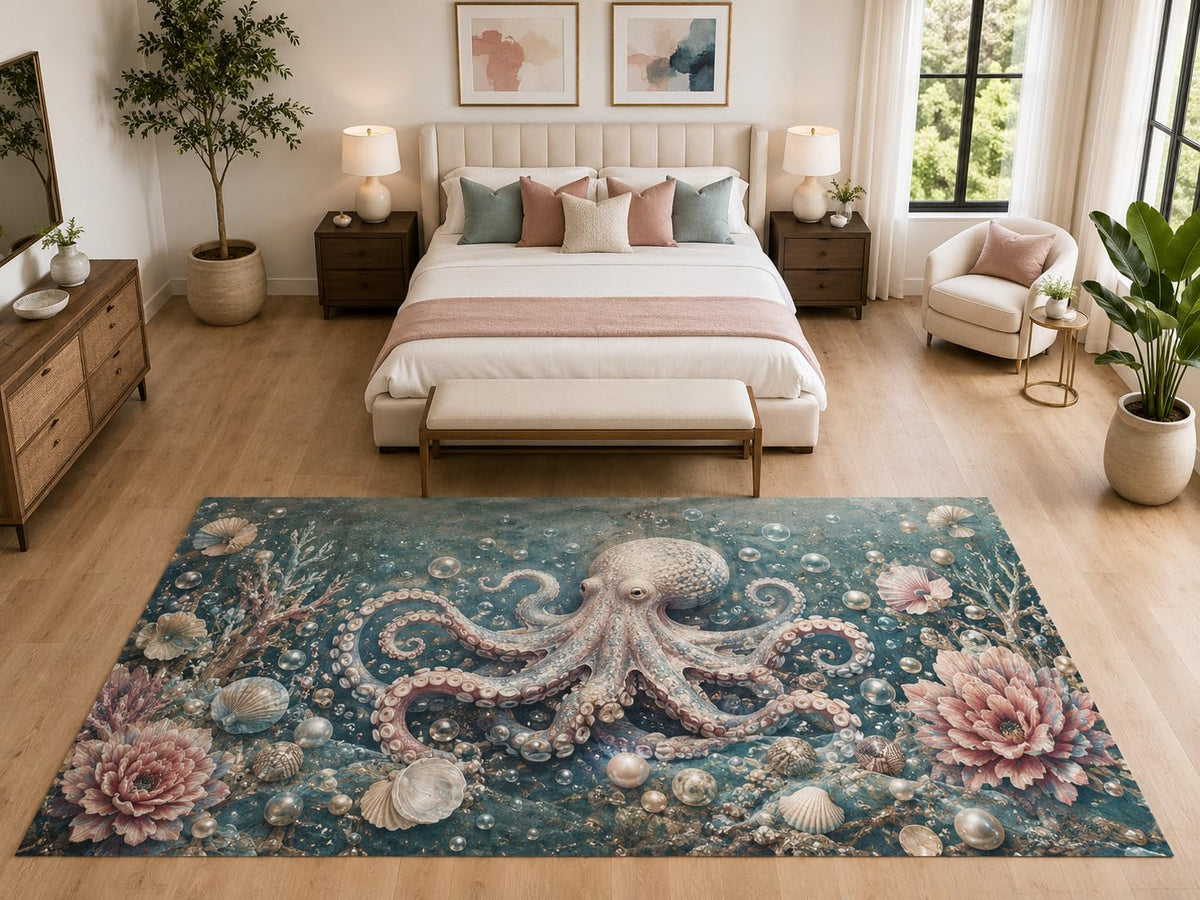 ICE ARMOR "Ultra Light Weight Large 6'7" x 9'10" Pearl Octopus Floral Rug Bedroom, Soft Low Pile Indoor Rug and Non-Slip Silicone Backing, Blue Gray