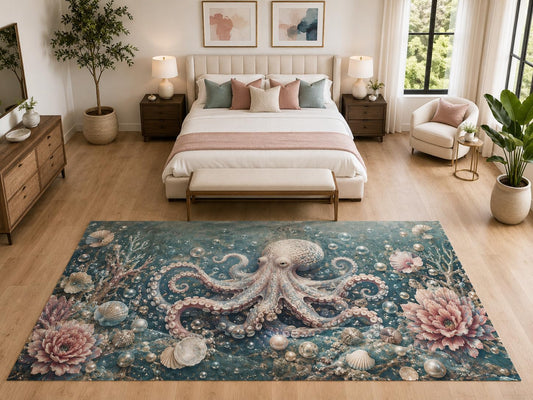 ICE ARMOR "Ultra Light Weight Large 6'7" x 9'10" Pearl Octopus Floral Rug Bedroom, Soft Low Pile Indoor Rug and Non-Slip Silicone Backing, Blue Gray